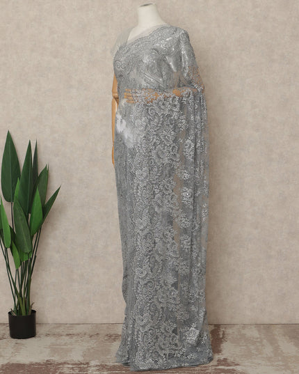 Silver Grey Premium French Metallic Chantilly Saree Lace With Stonework 5.5 Mtrs 110 Cms Width France-D27782