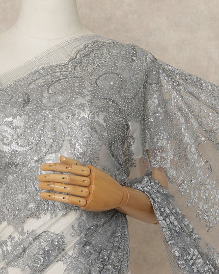 Silver Grey Premium French Metallic Chantilly Saree Lace With Stonework 5.5 Mtrs 110 Cms Width France-D27782