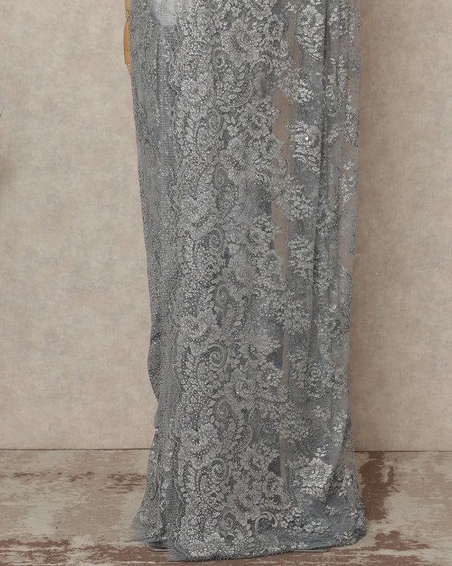 Silver Grey Premium French Metallic Chantilly Saree Lace With Stonework 5.5 Mtrs 110 Cms Width France-D27782