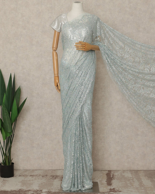 Mint Blue Premium French Metallic Chantilly Saree Lace With Stonework 5.5 Mtrs 110 Cms Width France-D27779