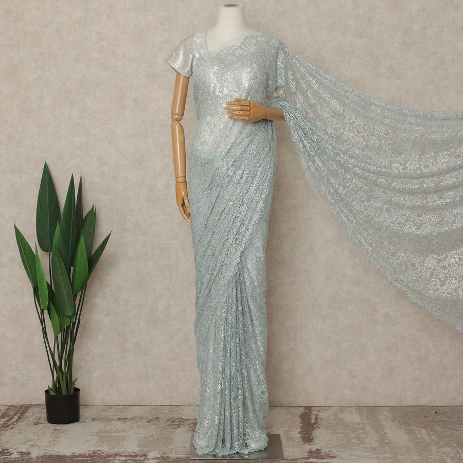 Mint Blue Premium French Metallic Chantilly Saree Lace With Stonework 5.5 Mtrs 110 Cms Width France-D27779