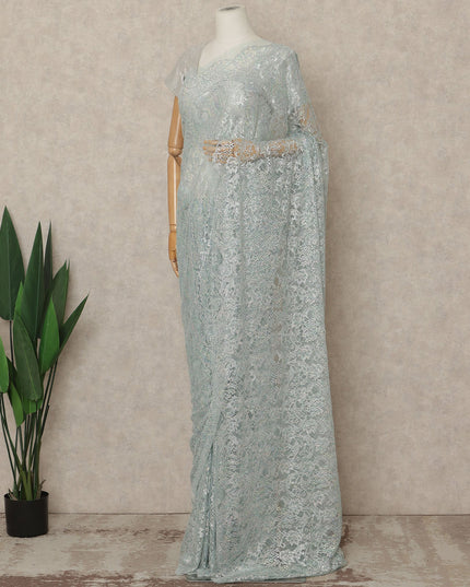 Mint Blue Premium French Metallic Chantilly Saree Lace With Stonework 5.5 Mtrs 110 Cms Width France-D27779
