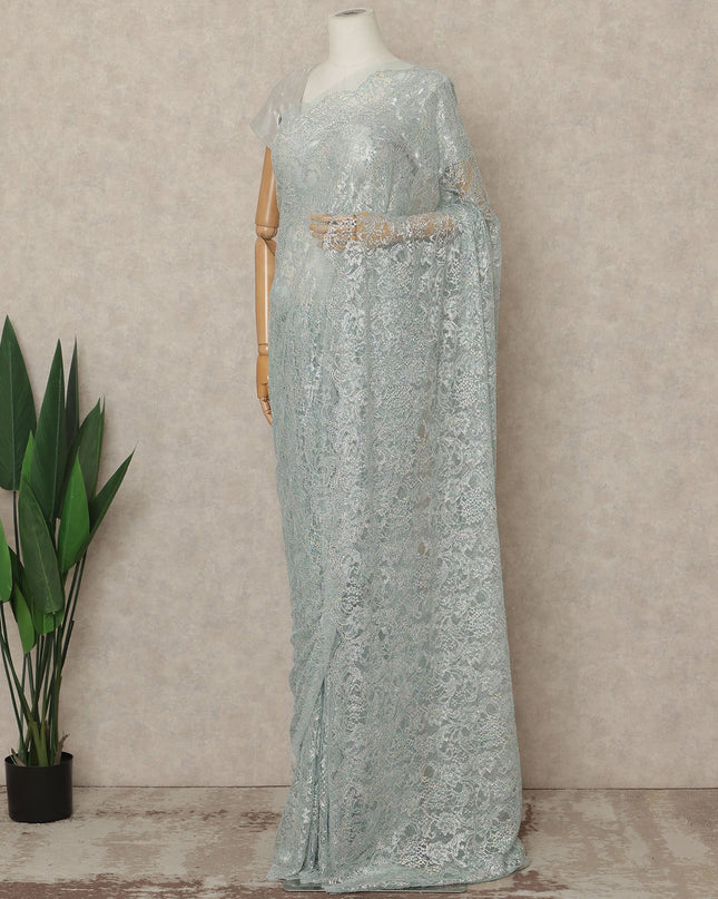 Mint Blue Premium French Metallic Chantilly Saree Lace With Stonework 5.5 Mtrs 110 Cms Width France-D27779