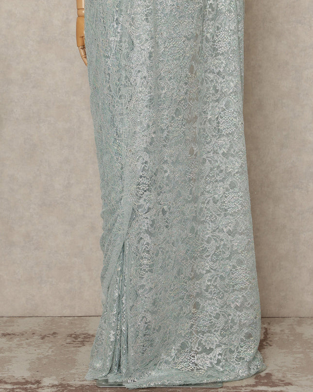 Mint Blue Premium French Metallic Chantilly Saree Lace With Stonework 5.5 Mtrs 110 Cms Width France-D27779