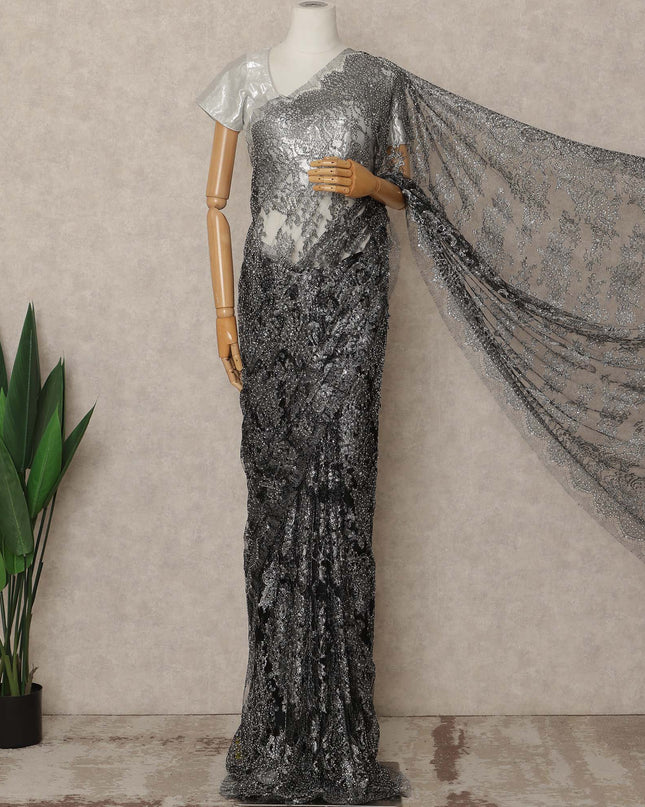 Black Premium French Metallic Chantilly Saree Lace With Stonework 5.5 Mtrs 110 Cms Width France-D27774