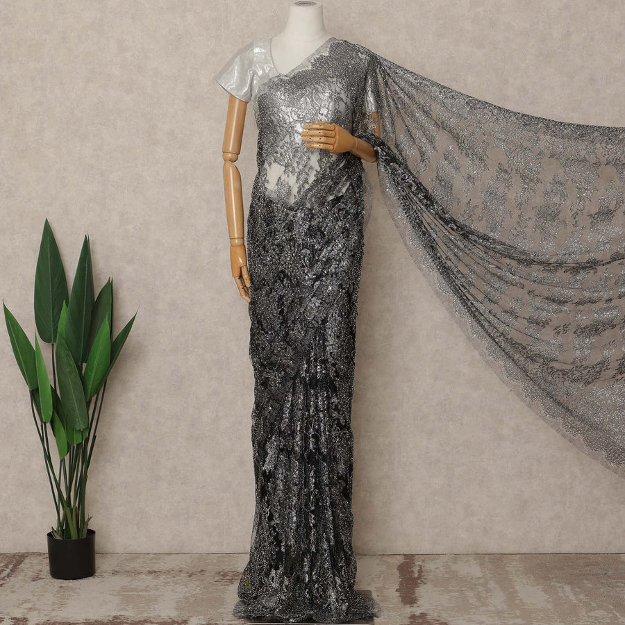 Black Premium French Metallic Chantilly Saree Lace With Stonework 5.5 Mtrs 110 Cms Width France-D27774