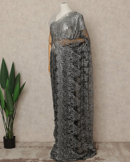 Black Premium French Metallic Chantilly Saree Lace With Stonework 5.5 Mtrs 110 Cms Width France-D27774