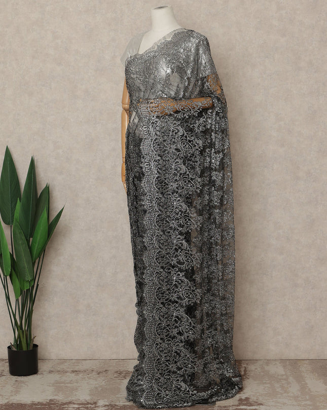 Black Premium French Metallic Chantilly Saree Lace With Stonework 5.5 Mtrs 110 Cms Width France-D27774