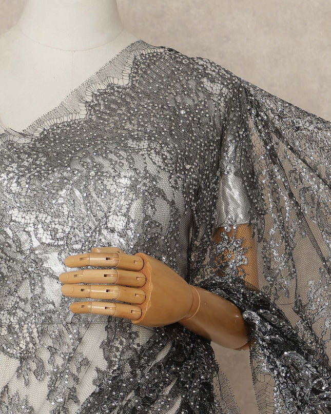 Black Premium French Metallic Chantilly Saree Lace With Stonework 5.5 Mtrs 110 Cms Width France-D27774