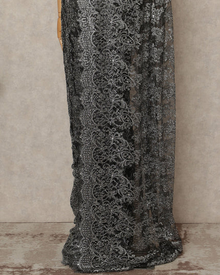 Black Premium French Metallic Chantilly Saree Lace With Stonework 5.5 Mtrs 110 Cms Width France-D27774