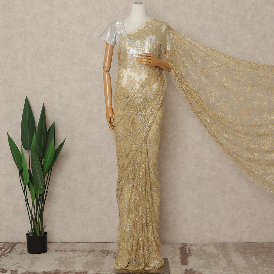Classic Gold Premium French Metallic Chantilly Saree Lace With Stonework 5.5 Mtrs 110 Cms Width France-D27773