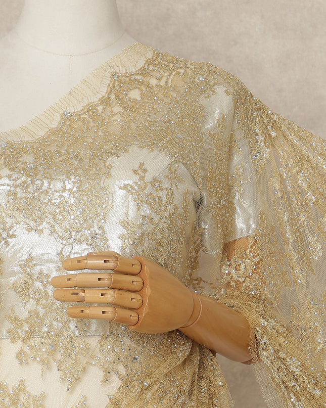 Classic Gold Premium French Metallic Chantilly Saree Lace With Stonework 5.5 Mtrs 110 Cms Width France-D27773