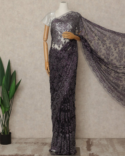 Deep Plum Premium French Metallic Chantilly Saree Lace With Stonework 5.5 Mtrs 110 Cms Width France-D27771
