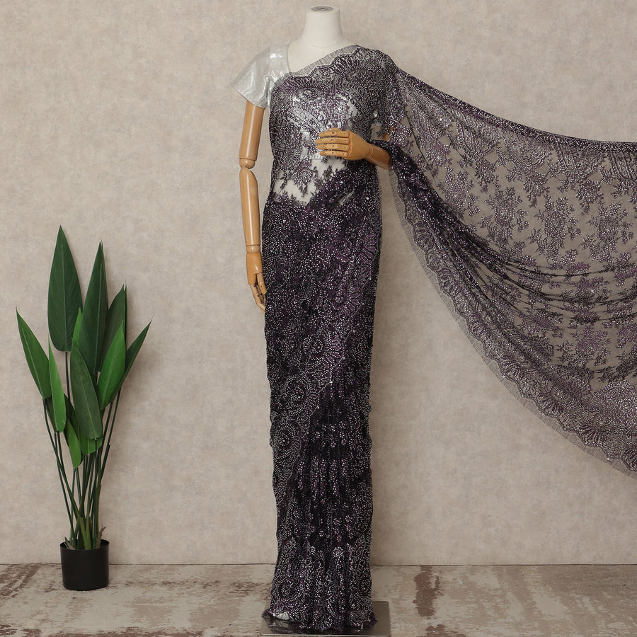 Deep Plum Premium French Metallic Chantilly Saree Lace With Stonework 5.5 Mtrs 110 Cms Width France-D27771