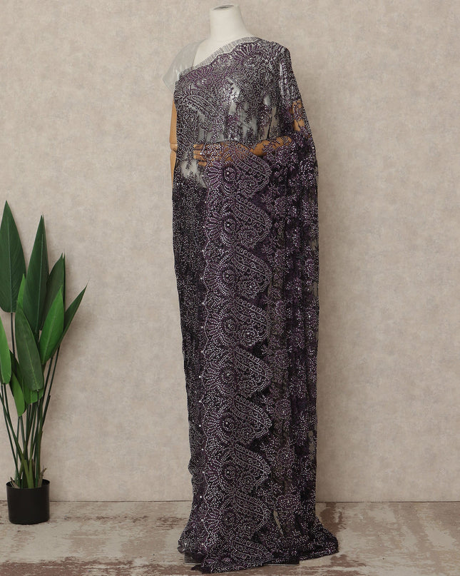 Deep Plum Premium French Metallic Chantilly Saree Lace With Stonework 5.5 Mtrs 110 Cms Width France-D27771