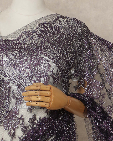 Deep Plum Premium French Metallic Chantilly Saree Lace With Stonework 5.5 Mtrs 110 Cms Width France-D27771
