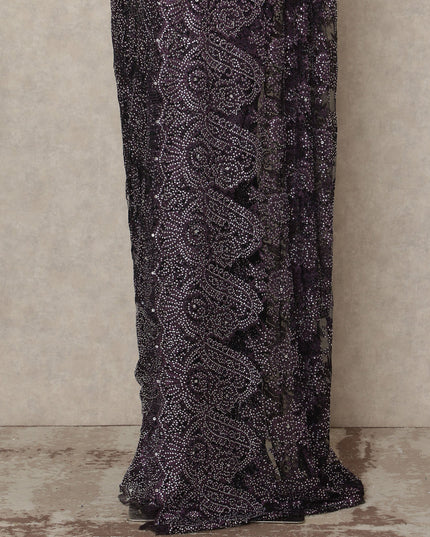 Deep Plum Premium French Metallic Chantilly Saree Lace With Stonework 5.5 Mtrs 110 Cms Width France-D27771