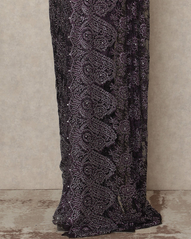 Deep Plum Premium French Metallic Chantilly Saree Lace With Stonework 5.5 Mtrs 110 Cms Width France-D27771