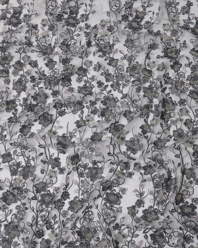 Black and Silver Floral Sequin & Thread Embroidered Nylon Tulle Fabric, 140 cm Width, Made in China-D26633