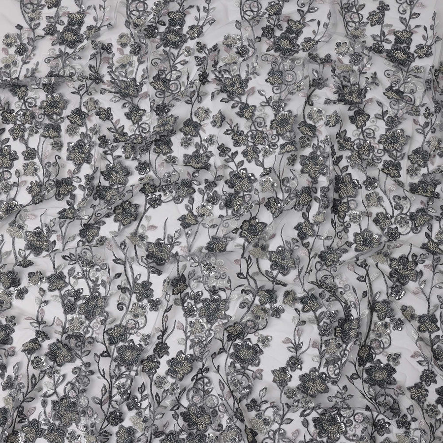 Black and Silver Floral Sequin & Thread Embroidered Nylon Tulle Fabric, 140 cm Width, Made in China-D26633