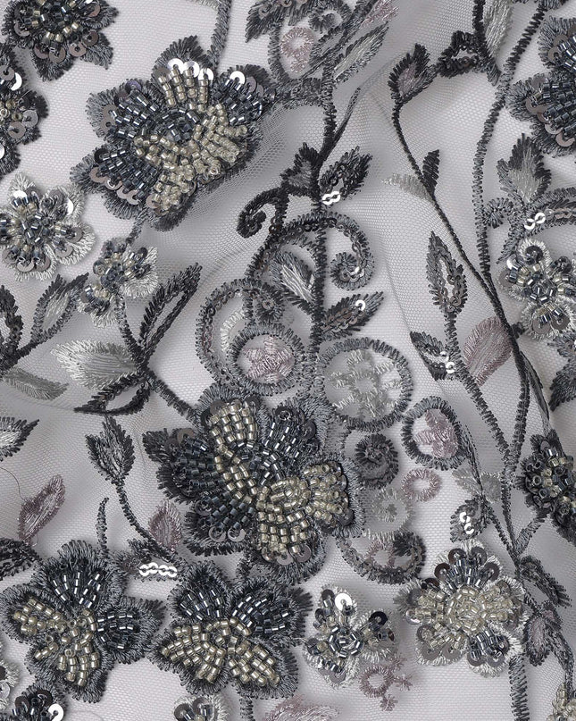 Black and Silver Floral Sequin & Thread Embroidered Nylon Tulle Fabric, 140 cm Width, Made in China-D26633