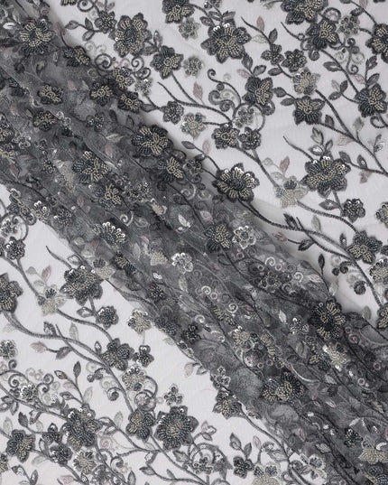 Black and Silver Floral Sequin & Thread Embroidered Nylon Tulle Fabric, 140 cm Width, Made in China-D26633