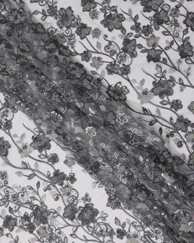 Black and Silver Floral Sequin & Thread Embroidered Nylon Tulle Fabric, 140 cm Width, Made in China-D26633