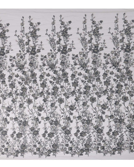 Black and Silver Floral Sequin & Thread Embroidered Nylon Tulle Fabric, 140 cm Width, Made in China-D26633