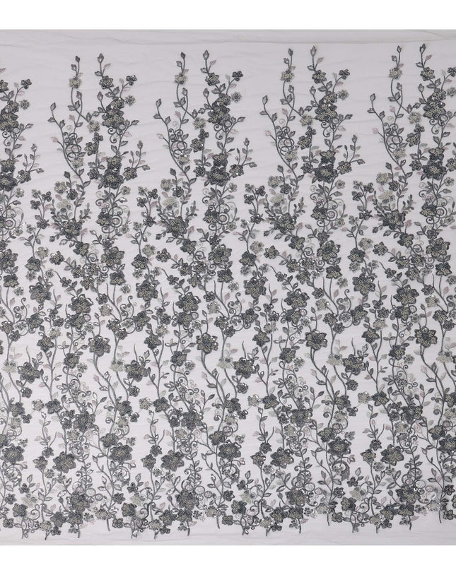 Black and Silver Floral Sequin & Thread Embroidered Nylon Tulle Fabric, 140 cm Width, Made in China-D26633