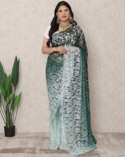 Aqua Blue to Deep Teal Ombre Premium French Chantilly Lace Saree, 5.5 Mtrs Length, 110 Cms Width, Made in France-D24422