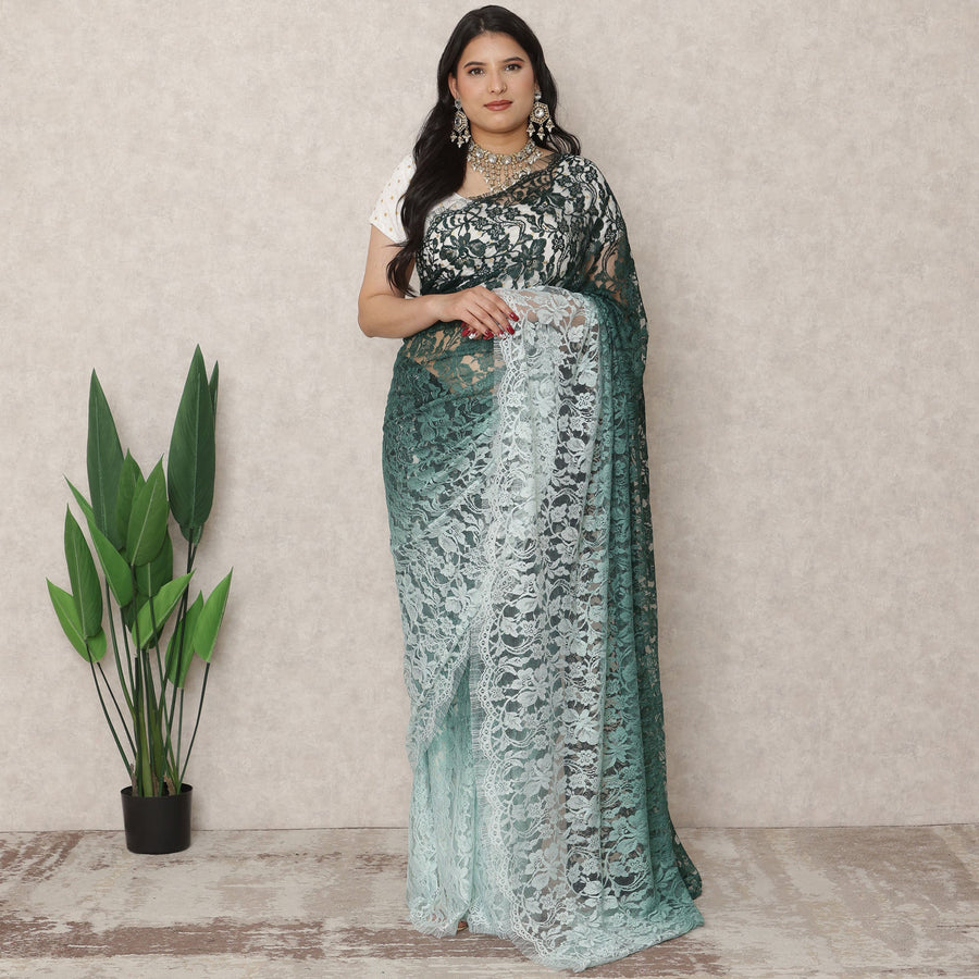 Aqua Blue to Deep Teal Ombre Premium French Chantilly Lace Saree, 5.5 Mtrs Length, 110 Cms Width, Made in France-D24422