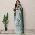 Aqua Blue to Deep Teal Ombre Premium French Chantilly Lace Saree, 5.5 Mtrs Length, 110 Cms Width, Made in France-D24422