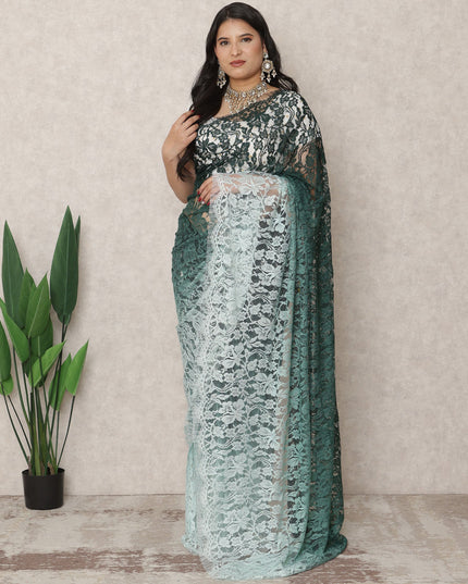 Aqua Blue to Deep Teal Ombre Premium French Chantilly Lace Saree, 5.5 Mtrs Length, 110 Cms Width, Made in France-D24422