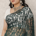 Aqua Blue to Deep Teal Ombre Premium French Chantilly Lace Saree, 5.5 Mtrs Length, 110 Cms Width, Made in France-D24422