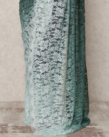 Aqua Blue to Deep Teal Ombre Premium French Chantilly Lace Saree, 5.5 Mtrs Length, 110 Cms Width, Made in France-D24422