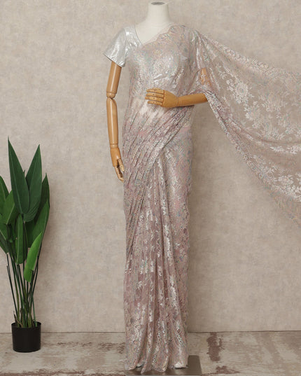 Pastel Mauve Premium French Metallic Chantilly Lace Saree Fabric, 5.5 Mtrs Length, 110 Cms Width, Crafted in France – Iridescent Multicolor Floral Lace, Blouse Not Included-D26428