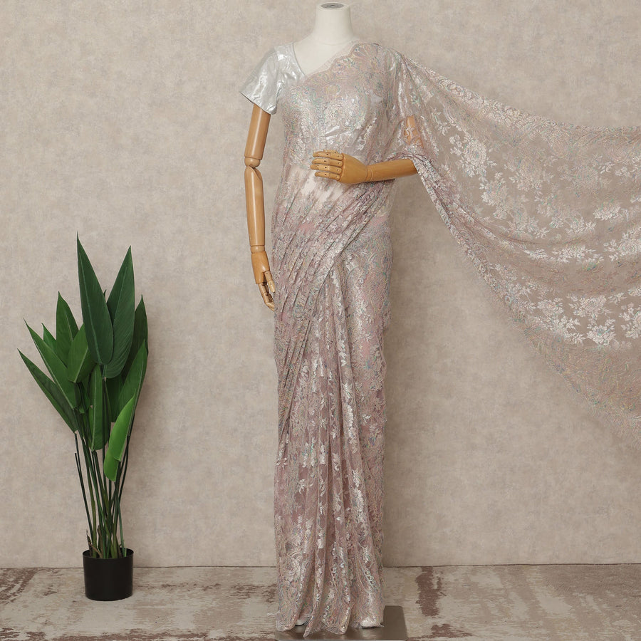 Pastel Mauve Premium French Metallic Chantilly Lace Saree Fabric, 5.5 Mtrs Length, 110 Cms Width, Crafted in France – Iridescent Multicolor Floral Lace, Blouse Not Included-D26428