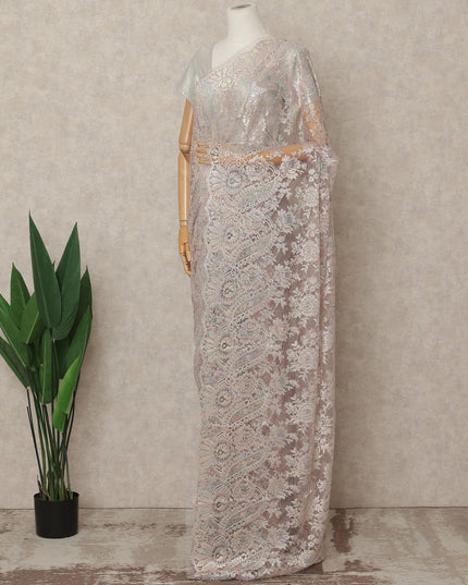 Pastel Mauve Premium French Metallic Chantilly Lace Saree Fabric, 5.5 Mtrs Length, 110 Cms Width, Crafted in France – Iridescent Multicolor Floral Lace, Blouse Not Included-D26428