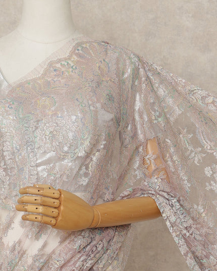 Pastel Mauve Premium French Metallic Chantilly Lace Saree Fabric, 5.5 Mtrs Length, 110 Cms Width, Crafted in France – Iridescent Multicolor Floral Lace, Blouse Not Included-D26428
