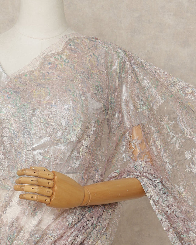 Pastel Mauve Premium French Metallic Chantilly Lace Saree Fabric, 5.5 Mtrs Length, 110 Cms Width, Crafted in France – Iridescent Multicolor Floral Lace, Blouse Not Included-D26428