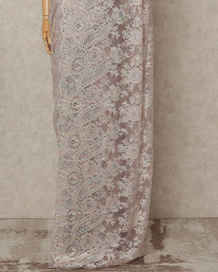 Pastel Mauve Premium French Metallic Chantilly Lace Saree Fabric, 5.5 Mtrs Length, 110 Cms Width, Crafted in France – Iridescent Multicolor Floral Lace, Blouse Not Included-D26428