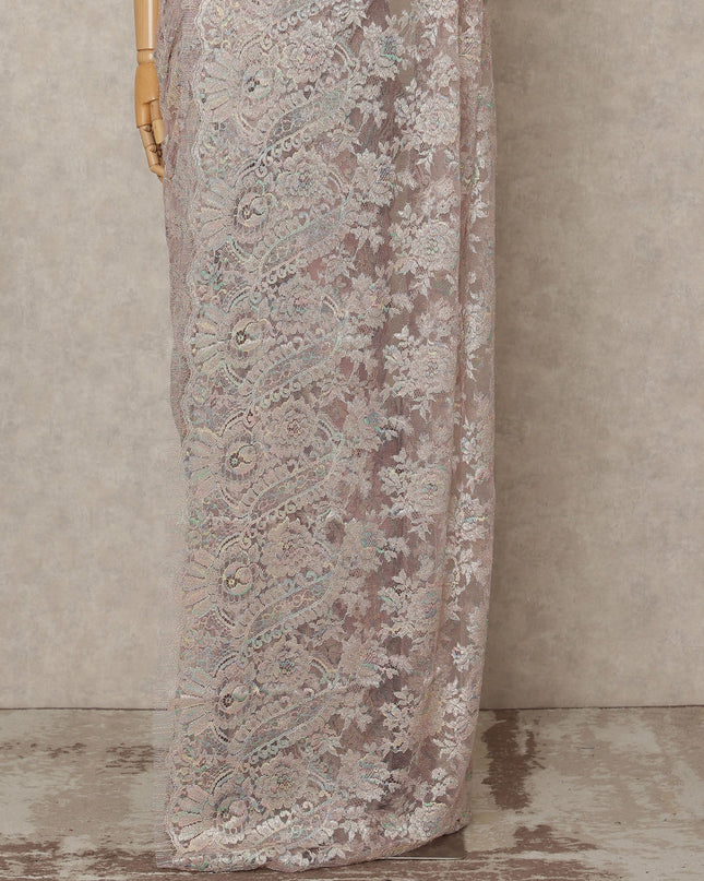 Pastel Mauve Premium French Metallic Chantilly Lace Saree Fabric, 5.5 Mtrs Length, 110 Cms Width, Crafted in France – Iridescent Multicolor Floral Lace, Blouse Not Included-D26428