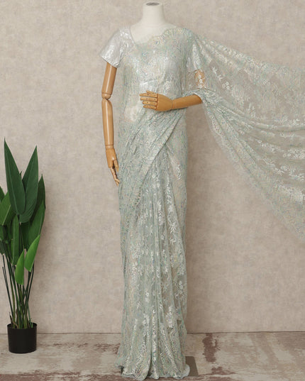 Light Mint Iridescent Premium French Metallic Chantilly Lace Saree Fabric, 5.5 Mtrs Length, 110 Cms Width, Crafted in France – Exquisite Multitone Floral Lace, Blouse Not Included-D26411
