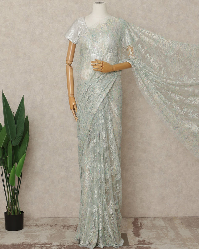 Light Mint Iridescent Premium French Metallic Chantilly Lace Saree Fabric, 5.5 Mtrs Length, 110 Cms Width, Crafted in France – Exquisite Multitone Floral Lace, Blouse Not Included-D26411