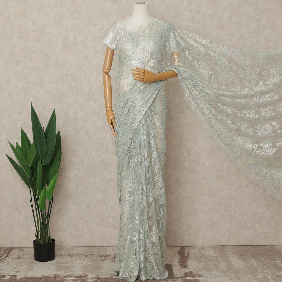 Light Mint Iridescent Premium French Metallic Chantilly Lace Saree Fabric, 5.5 Mtrs Length, 110 Cms Width, Crafted in France – Exquisite Multitone Floral Lace, Blouse Not Included-D26411