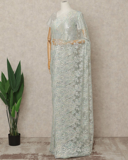 Light Mint Iridescent Premium French Metallic Chantilly Lace Saree Fabric, 5.5 Mtrs Length, 110 Cms Width, Crafted in France – Exquisite Multitone Floral Lace, Blouse Not Included-D26411