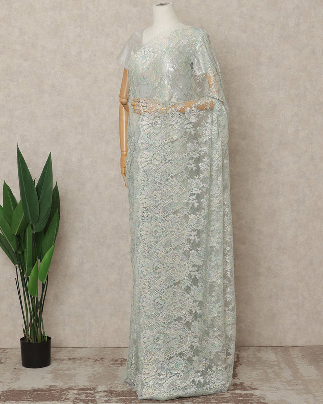 Light Mint Iridescent Premium French Metallic Chantilly Lace Saree Fabric, 5.5 Mtrs Length, 110 Cms Width, Crafted in France – Exquisite Multitone Floral Lace, Blouse Not Included-D26411
