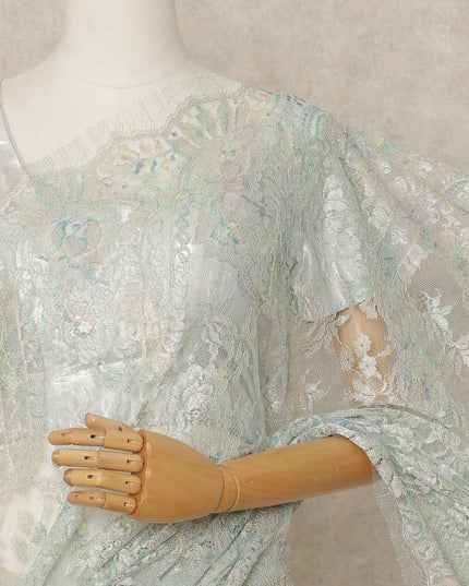 Light Mint Iridescent Premium French Metallic Chantilly Lace Saree Fabric, 5.5 Mtrs Length, 110 Cms Width, Crafted in France – Exquisite Multitone Floral Lace, Blouse Not Included-D26411