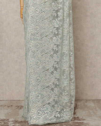 Light Mint Iridescent Premium French Metallic Chantilly Lace Saree Fabric, 5.5 Mtrs Length, 110 Cms Width, Crafted in France – Exquisite Multitone Floral Lace, Blouse Not Included-D26411