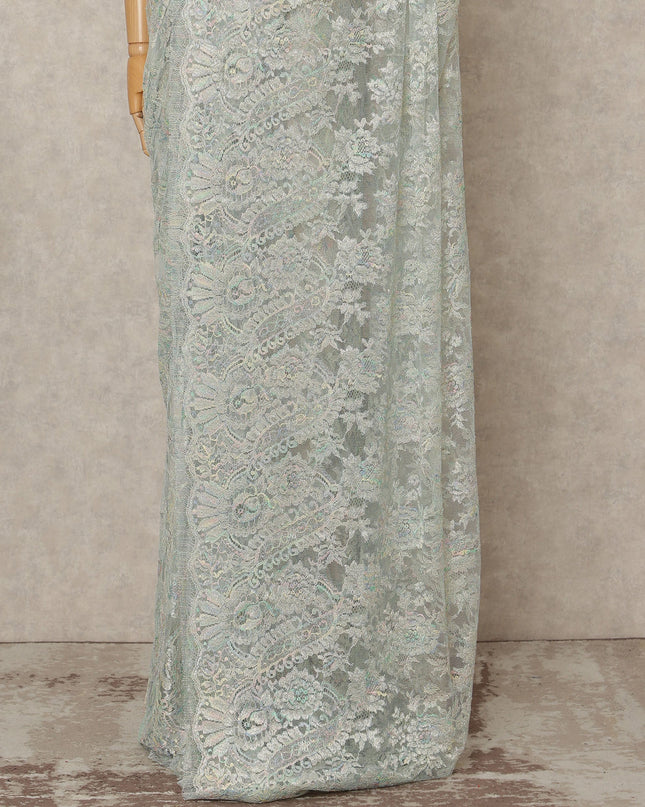 Light Mint Iridescent Premium French Metallic Chantilly Lace Saree Fabric, 5.5 Mtrs Length, 110 Cms Width, Crafted in France – Exquisite Multitone Floral Lace, Blouse Not Included-D26411